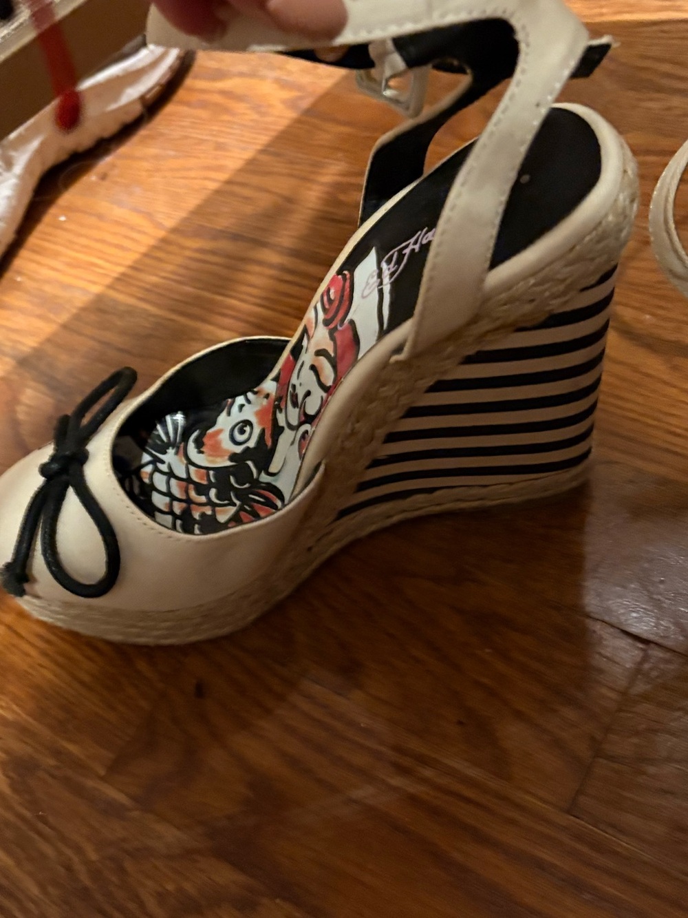 Ed Hardy Cream and Black Striped Espadrille Wedge Sandals - Picture 4 of 10